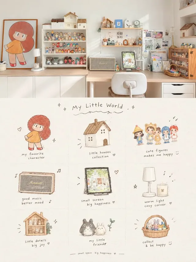 Vertical cozy home scrapbook poster featuring realistic interior photography on top and a watercolor illustration grid on the bottom.