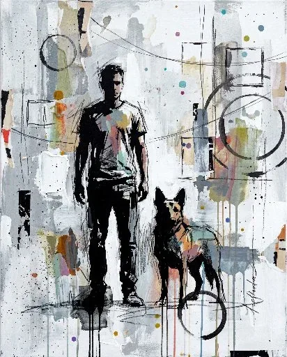 Semi-abstract urban painting of a person with a dog against a graffiti-covered brick wall, with ink silhouettes and paint drips.