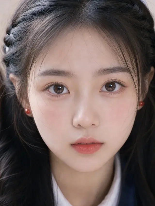 Close-up portrait of a young East Asian woman's face, looking directly at the camera. She has fair skin, dark hair styled away from her face, and gentle, clear eyes. Wearing a white shirt.