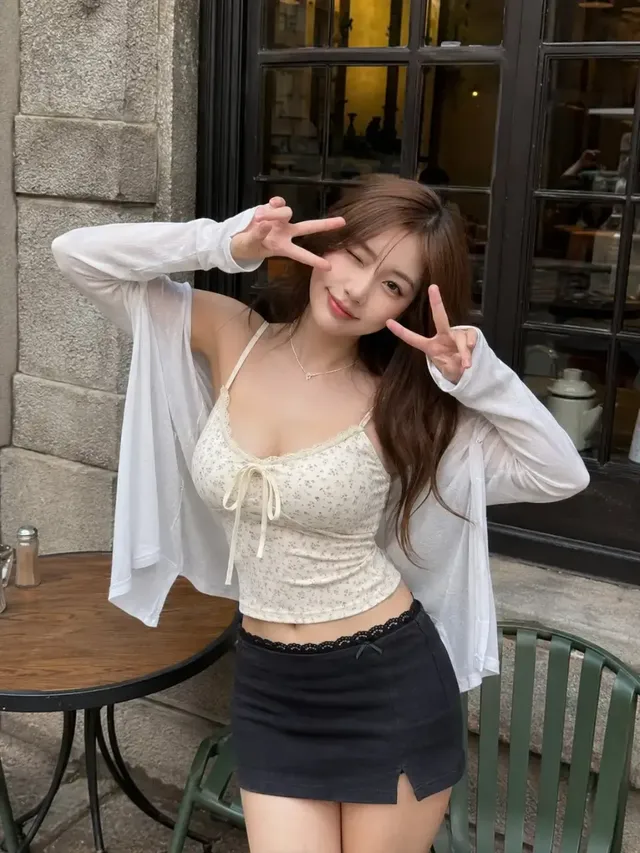 Adult East Asian woman in her twenties, Japanese ethnicity, with shoulder-length black hair and bangs, winking and making peace signs near her eyes, wearing a white polka dot camisole and black mini skirt.