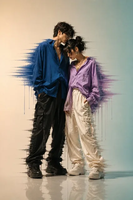 A fashionable couple, foreheads touching, stands in a minimalist studio as their clothing blends into abstract paint strokes and drips.