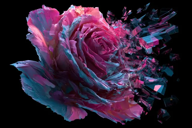 A fragmented and distorted image, appearing pixelated and shattered like a prism, with bold contrasting colors.