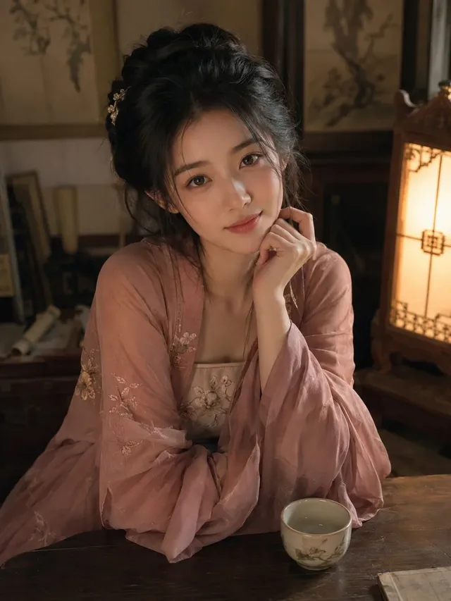 A realistic, softly lit portrait of a Korean woman in her 20s wearing a traditional Hanfu, seated at a wooden tea table, looking directly at the camera with a gentle expression.