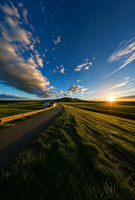Ultra-realistic landscape photo of a winding road through green meadows towards rolling hills at sunset, with dramatic shadows and textured clouds.