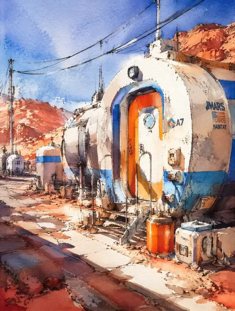Watercolor sketch of white, blue, and orange sci-fi habitat modules on Mars, with sunlight casting sharp shadows.