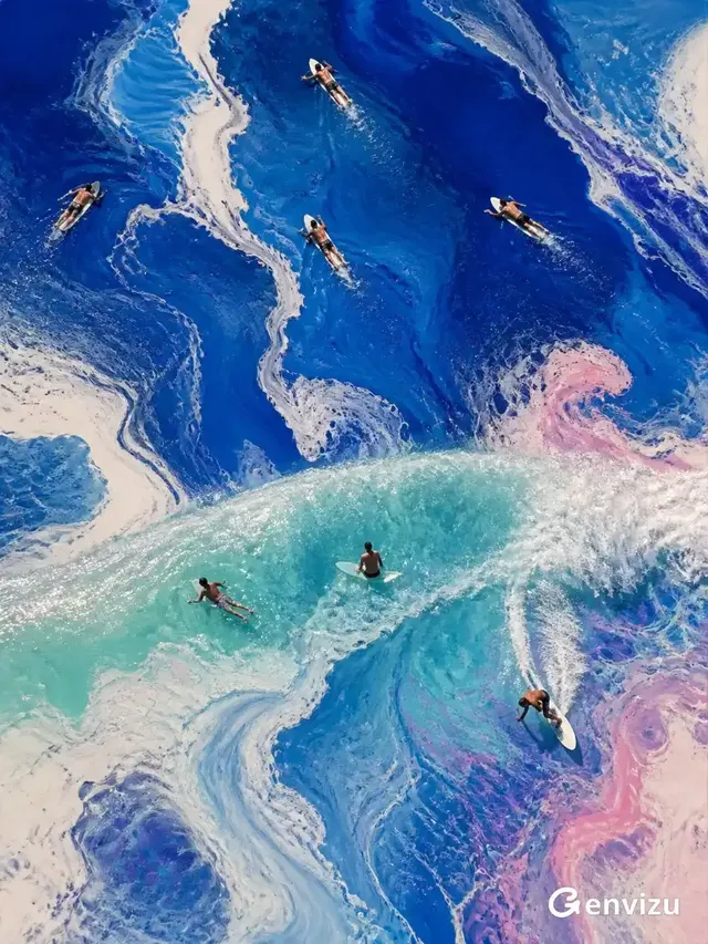 Overhead aerial view of abstract ocean art resembling hand-poured acrylic paint, with realistic surfers integrated into the blue and turquoise waves.
