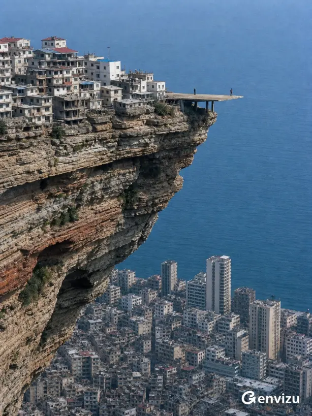 A colossal sandstone cliff with a village on its rim, a concrete slab extending over open space, and a hidden city below, set against a vast blue water body.