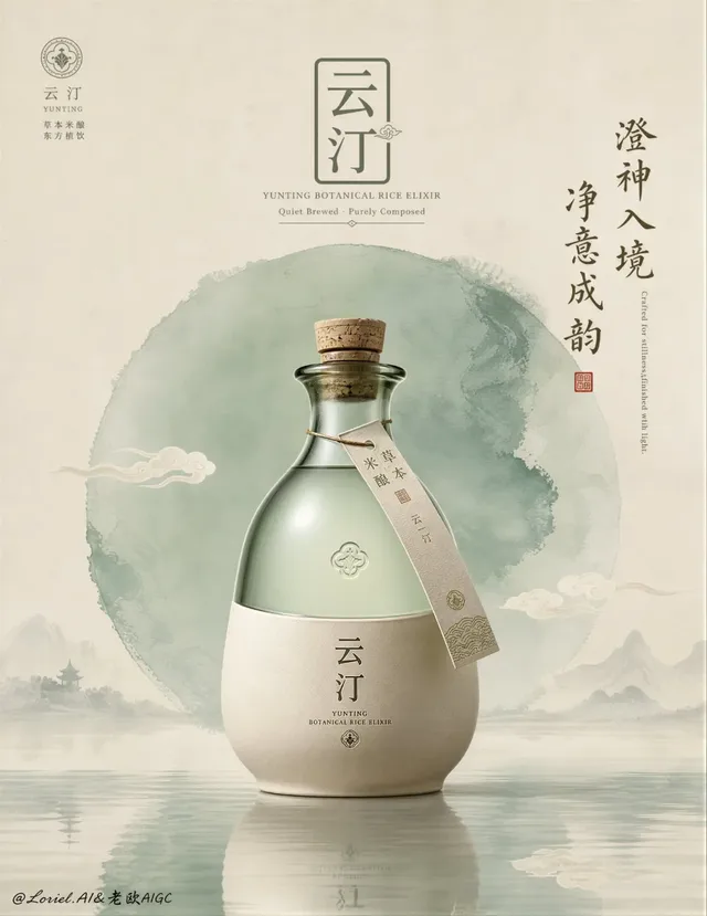 Ultra-premium advertising poster for 'MEKONG NOCTURNE' craft rice spirit, featuring a hyper-realistic hero bottle centered on a warm cream background with elegant gold line-art.