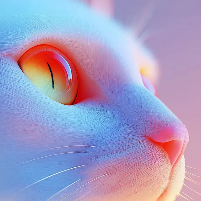 Super macro close-up of a cat's pupil and iris with ultraviolet ambient gradient lighting.