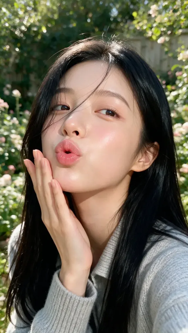 Photorealistic close-up portrait of a young East Asian woman with silky black hair, playfully puckering her lips and resting her hand on her cheek, bathed in soft natural sunlight.