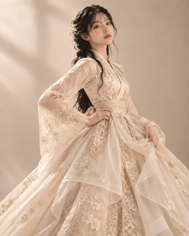 A young East Asian woman with elegant makeup and a braided hairstyle, wearing a detailed ivory and champagne hanbok-inspired gown, posing gracefully in a studio setting with soft lighting.