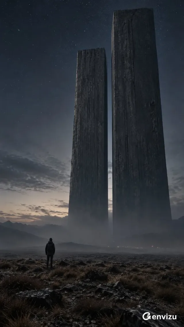 A lone traveler stands before two immense, dark stone monuments in a desolate desert at night, under a vast, star-filled sky. The scene is hyperrealistic with a low-saturation, dim lighting.