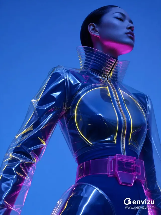 Futuristic portrait of a woman in a transparent vinyl top, with wet-look hair and dramatic lighting. The background is a clean cobalt blue.
