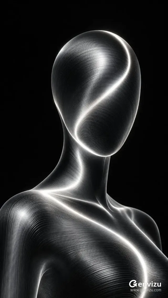 Monochrome abstract digital sculpture of an anonymous bust with smooth, flowing silver-grey surfaces, illuminated by bright white light trails and fine, parallel lines following the curves.