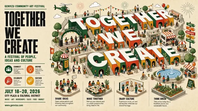 Community Art Festival poster with bold 'TOGETHER WE CREATE' text forming a cityscape on the right, and an information column on the left, rendered in a detailed isometric vector style with a retro screen-print texture.