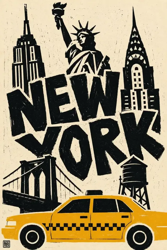 A linocut-style travel poster of New York City landmarks, with bold black shapes, white negative space details, and a single accent color vehicle.