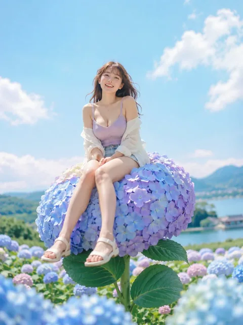 A young Japanese woman with a bright, open smile sits on a giant cluster of hydrangeas, wearing a sheer white shirt over a lavender top and denim shorts, with a lake and mountains