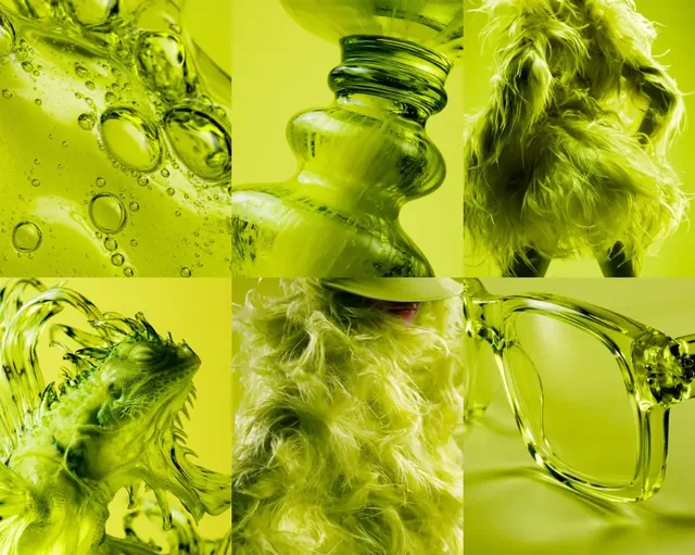 Collage of products and subjects in vibrant lime green.