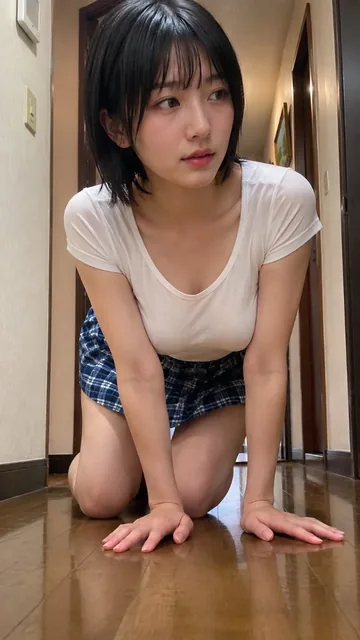 A young Japanese woman with short black bob hair kneels on the floor in a hallway, wearing a white t-shirt and blue plaid mini skirt, looking slightly to the side.