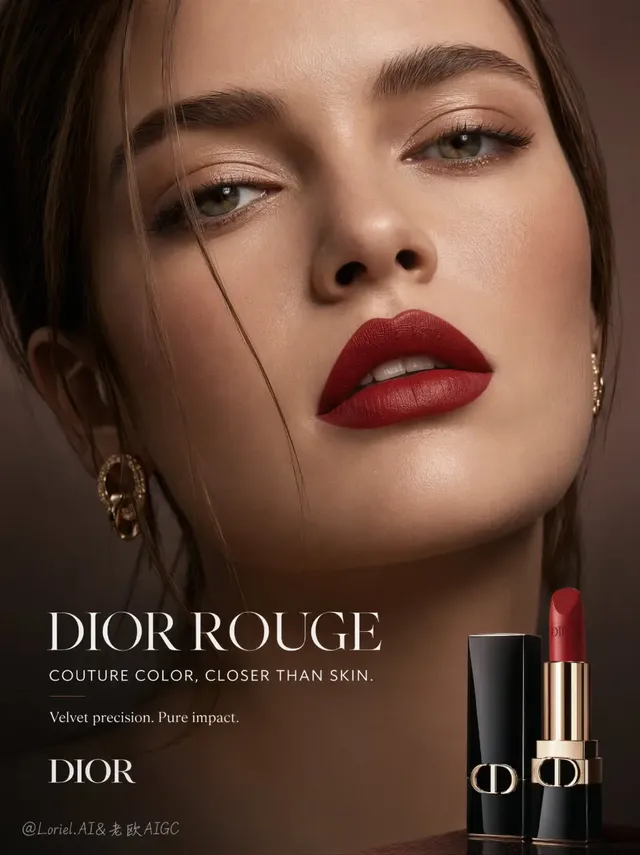 A hyper-real, vertical close-up portrait of a Western female model for a Dior Rouge beauty campaign. Her lips are the central focus, showcasing rich lipstick pigment, with her eyes and refined facial features also prominent. The background is minimal and elegant.