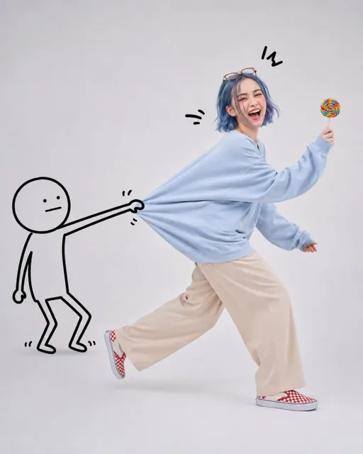 Ultra-realistic photo of a woman with a pixie haircut running, being playfully pulled back by a stick-figure doodle grabbing her sweatshirt.