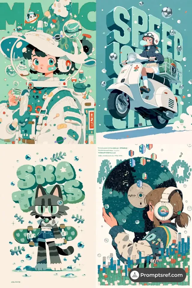 An 80s city-pop inspired illustration featuring risograph grain, mint tones, and a vibrant flat vector design.