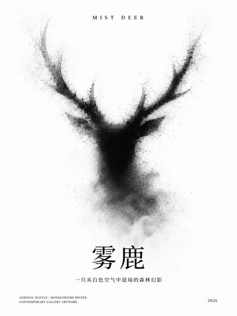 A misty deer silhouette formed by black spray particles and ink splatters on a white background, appearing as a fading ghost.