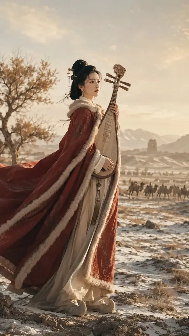 A photorealistic, cinematic portrait of a young Han Dynasty woman, Wang Zhaojun, standing in a snowy, windswept frontier landscape. She wears traditional layered robes and a fur-trimmed cloak, cradles a four-stringed pipa, and gazes wistfully into the distance. The image emphasizes historical accuracy and a mood of quiet resilience.