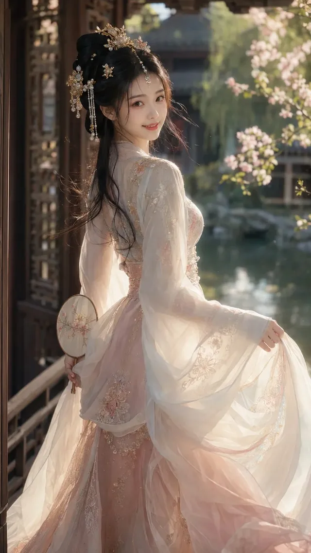 Hyperrealistic cinematic portrait of a young East Asian woman with intricate Tang-style Hanfu, standing in a tranquil Jiangnan garden, bathed in soft morning light with shallow depth of field.