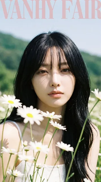 Close-up vertical portrait of a woman's face emerging from a sunny daisy meadow, flowers partially obscuring her features, soft film grain and pastel colors.