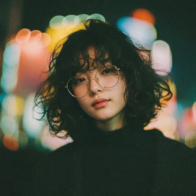 An East Asian woman with voluminous curly hair and round wire glasses posing against a blurred, glowing urban night background in 90s cinematic style.