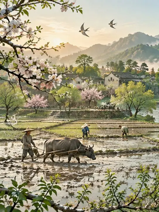 A continuous, borderless horizontal image showing a landscape evolving through the four seasons: spring plowing, summer planting, autumn harvest, and winter storage, in a Song Dynasty documentary photography style.