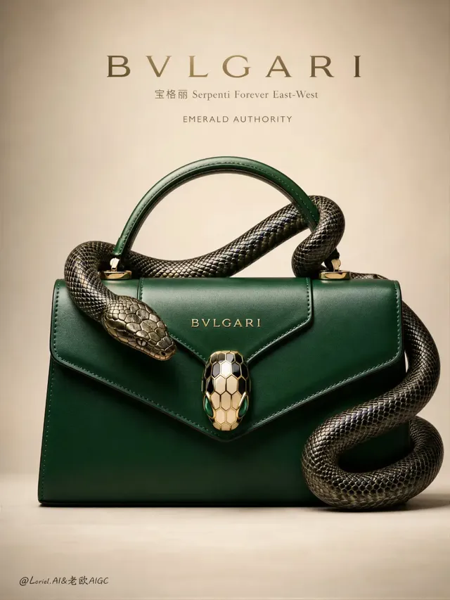 BVLGARI Serpenti Forever East-West handbag in classic emerald green leather, with a realistic serpent elegantly coiled around it, set against a minimal neutral background. The bag and serpent appear as one unified luxury icon.