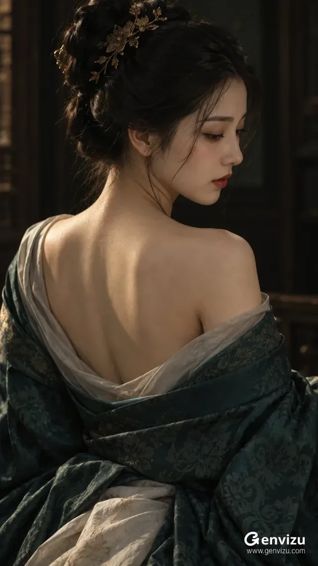 A cinematic close-up portrait of an East Asian woman in jade-green Hanfu gracefully turning in a dark bamboo forest with soft lighting.