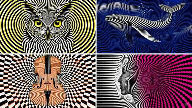 Abstract geometric op art with stark contrasting colors, creating a hidden emergent pattern with optical vibration and depth.