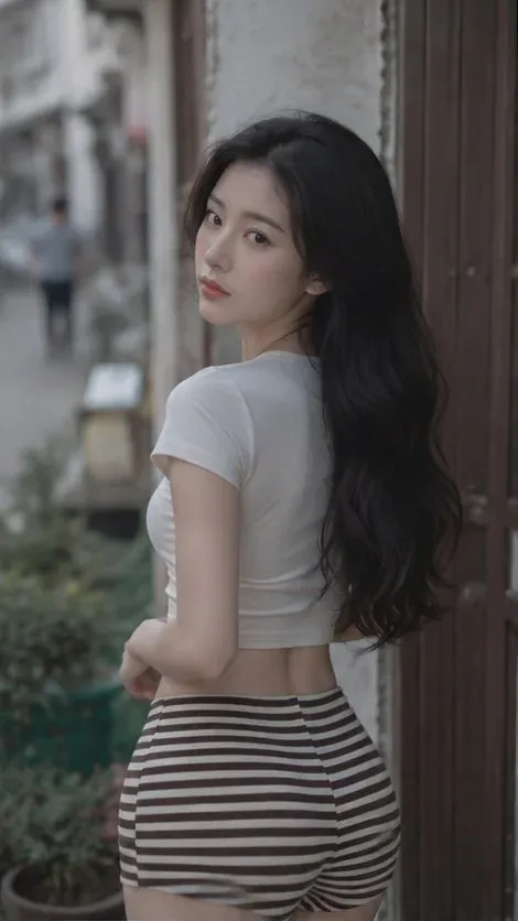 A young East Asian woman with long, dark wavy hair and fair skin stands with her back to the camera in a quiet old town street, looking back over her shoulder. She wears a white t-shirt and striped shorts. The background is softly blurred.
