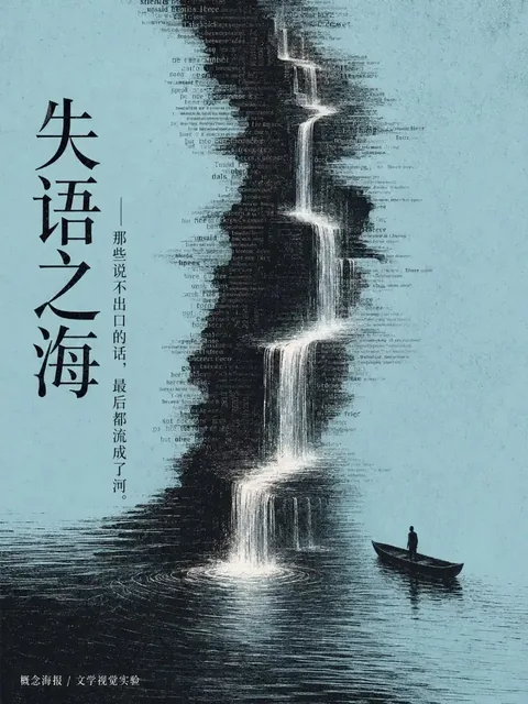 A series of Chinese posters with text forming landscapes on light blue aged paper.