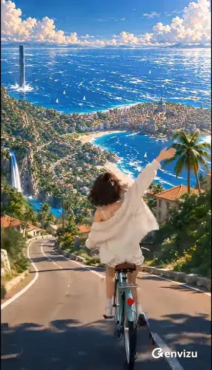 A young woman with a dark bob haircut, wearing a cream cardigan and floral shorts, rides a pale blue bicycle downhill on a mountain road with a coastal city and bay in the background.