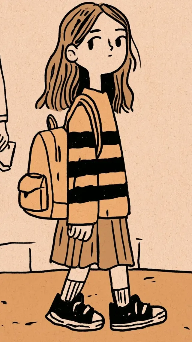 Illustration of a young girl with a backpack, wearing a striped sweater and skirt, in a retro, hand-drawn style with a textured background.