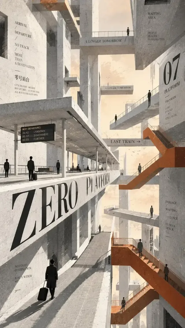 A 9:16 vertical experimental editorial architecture poster with surreal, monumental structures. Integrated typography forms part of the architecture. Tiny human figures are scattered throughout, establishing scale within a quiet, melancholic atmosphere.