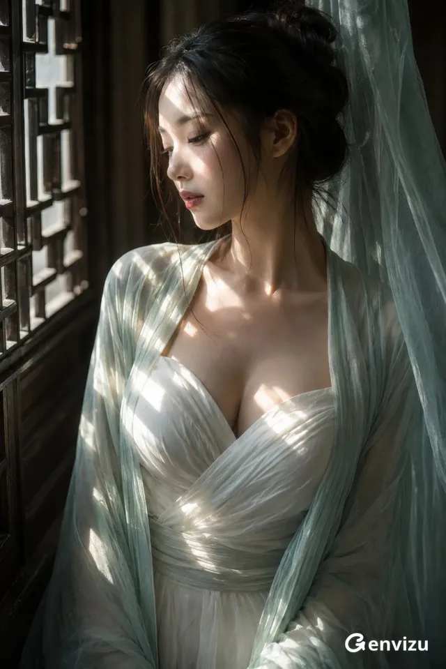 Waist-up portrait of a slender East Asian woman with black hair in a bun, wearing a white silk bodice and seafoam green robe, looking down beside a dark wooden lattice window with patches of sunlight.