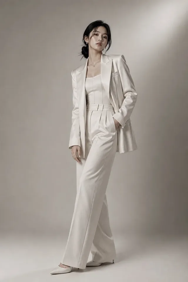 Ultra-realistic monochromatic studio portrait of a beautiful young Korean woman in an ivory satin blazer and trousers, striking a confident pose with direct eye contact.
