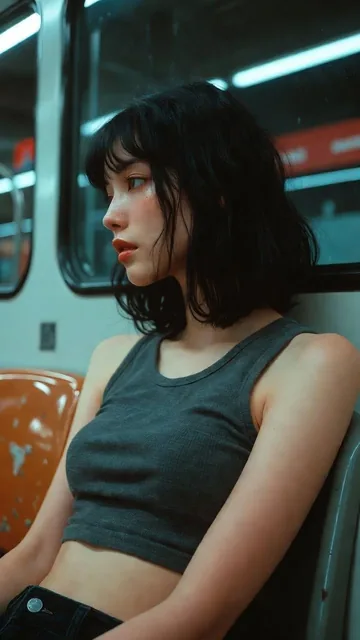 A young Japanese or Korean woman with dark hair, wearing a gray tank top, sits slouched on a subway bench, looking away from the camera in a three-quarter profile.