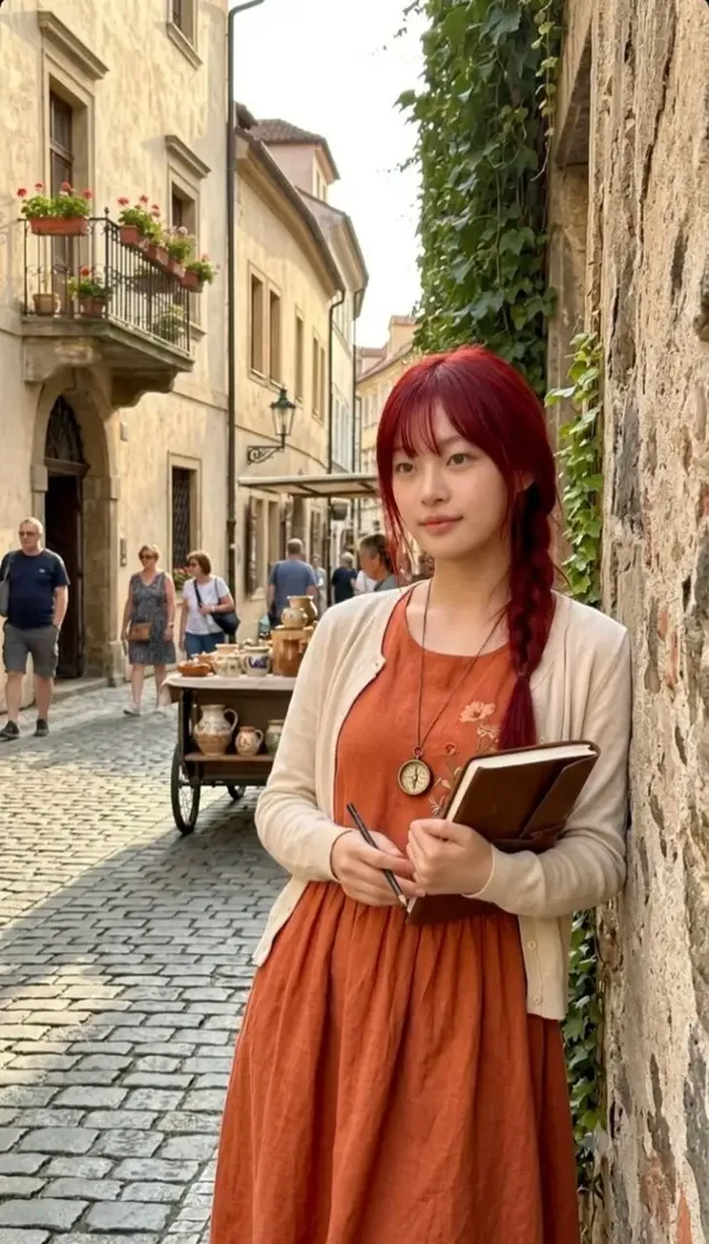 Medium shot of a young woman with vibrant red hair in a braid, wearing a rust dress and cream cardigan, leaning against an ivy-covered stone wall on a cobblestone street in a historic European town.