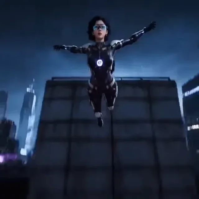 Futuristic female operative in a cybernetic suit performing a parkour leap across a neon-lit cyberpunk city at night.