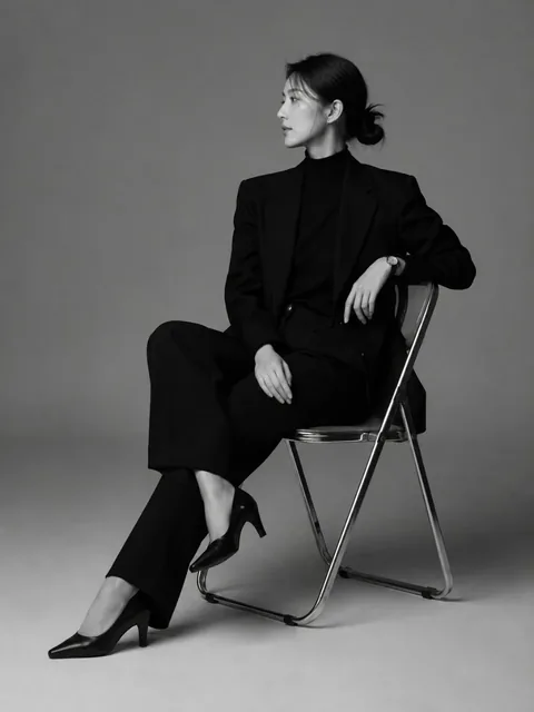 Full-body black and white studio portrait of an elegant Korean woman in her late 20s to early 30s, wearing a black blazer and looking confidently off-camera.