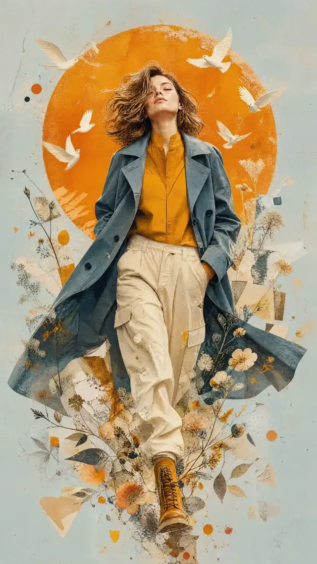 Mixed-media illustration of a woman in a trench coat walking towards a large orange sun, with botanical elements and white birds, symbolizing hope and transformation.