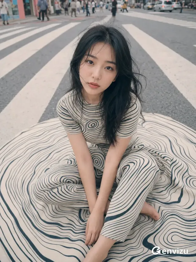 A young East Asian woman sits cross-legged on a city street's zebra crossing, wearing a black and ivory concentric-line outfit that includes a large circular skirt spread around her. Her dark hair is layered and windswept, and she looks upward towards the camera with a calm expression.