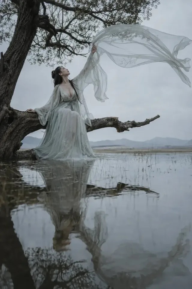 An East Asian woman in a white Hanfu dress sits on a tree trunk in a shallow, misty wetland. Her long, transparent sleeves are blown upwards by the wind, and her reflection is visible in the water. She looks peacefully away from the camera.