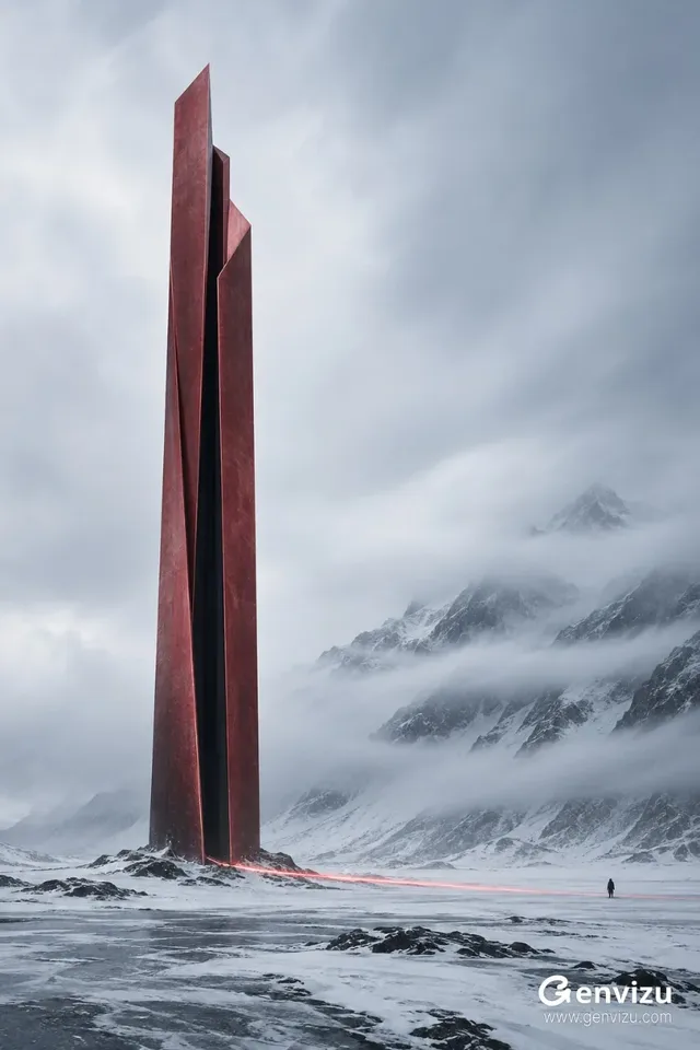 A minimalist, ultra-tall, vertical quantum observation tower, predominantly deep crimson with a central black negative space, stands on a vast, cold snowy plain. A tiny human figure is visible for scale. Low clouds obscure the distant mountain slopes.